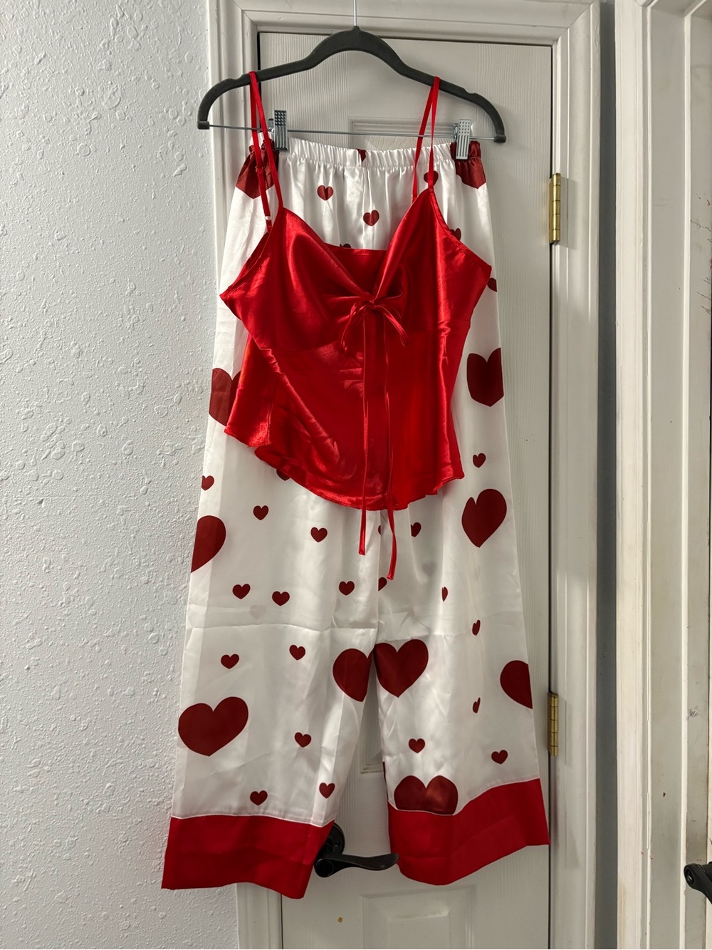 Amazon Red Satin Cami with White Heart-Print Pajama Pants